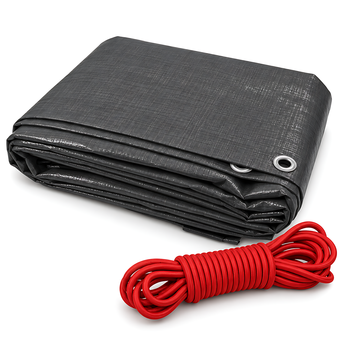 Graphite Grey Tarpaulin 8m x 10m 200 GSM Waterproof PE with 10m Red Elastic Bungee Rope, UV Resistant, Aluminium Eyelets Every 1m