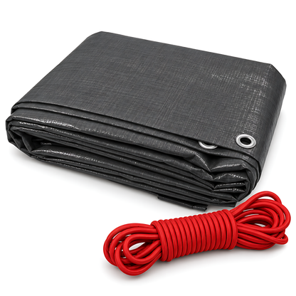Graphite Grey Tarpaulin 8m x 10m 200 GSM Waterproof PE with 10m Red Elastic Bungee Rope, UV Resistant, Aluminium Eyelets Every 1m