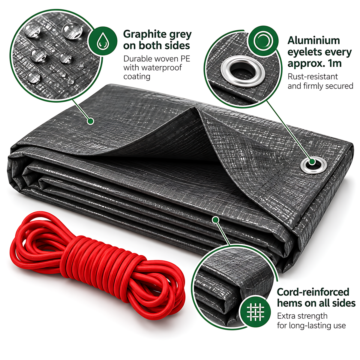 Graphite Grey Tarpaulin 6m x 8m 200 GSM Waterproof PE with 10m Red Elastic Bungee Rope, UV Resistant, Aluminium Eyelets Every 1m