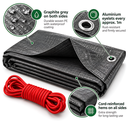 Graphite Grey Tarpaulin 5m x 8m 200 GSM Waterproof PE with 10m Red Elastic Bungee Rope, UV Resistant, Aluminium Eyelets Every 1m
