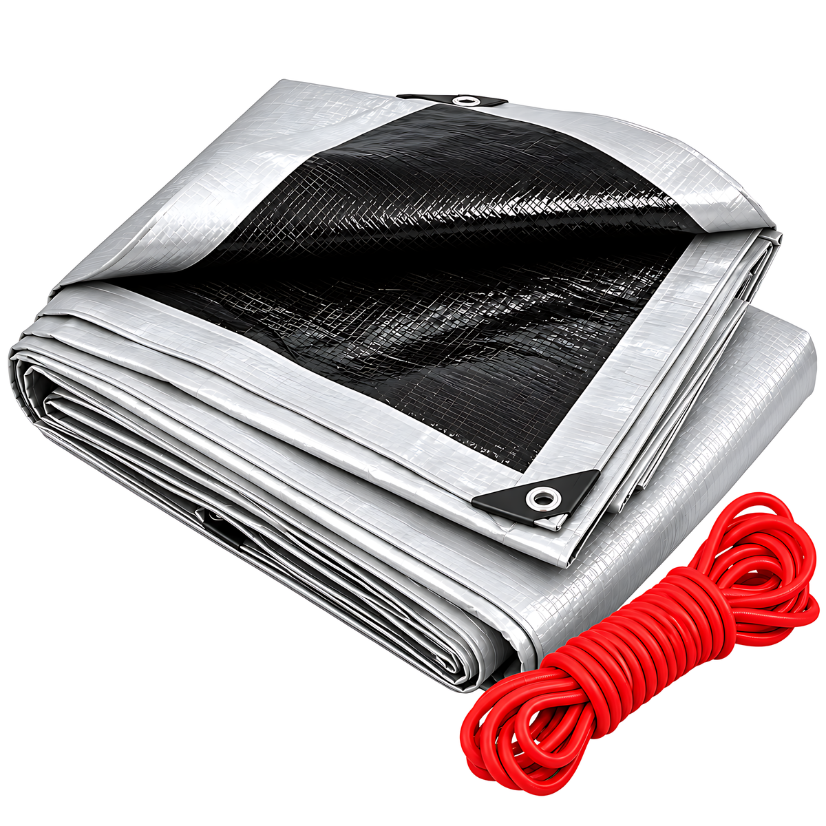 Silver/Black Heavy Duty Tarpaulin 2m x 2m 260 GSM Waterproof with 10m Red Bungee Rope, UV Resistant, Eyelets, Rubber Corners
