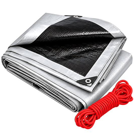 Silver/Black Heavy Duty Tarpaulin 5m x 8m 260 GSM Waterproof with 10m Red Bungee Rope, UV Resistant, Eyelets, Rubber Corners
