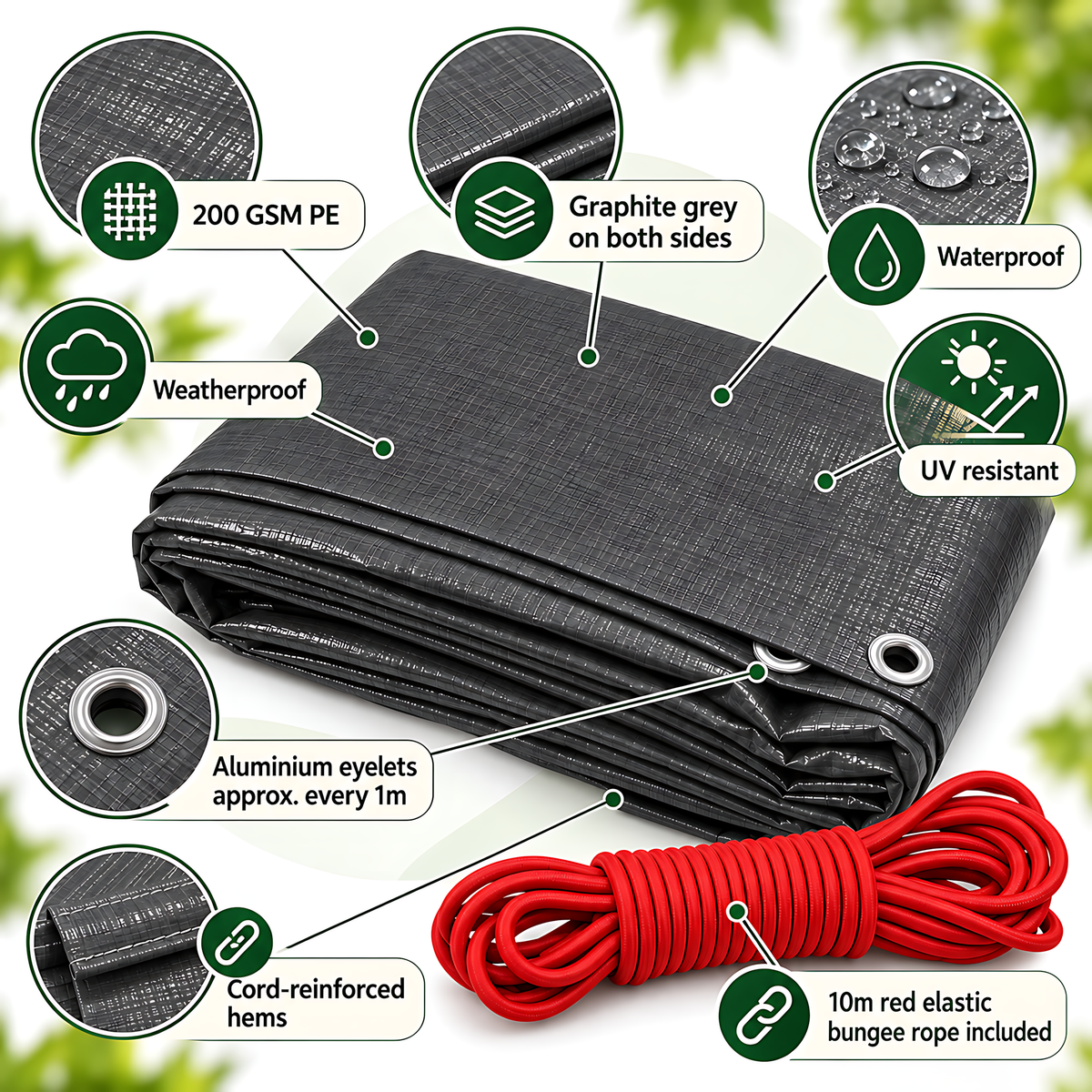 Graphite Grey Tarpaulin 4m x 5m 200 GSM Waterproof PE with 10m Red Elastic Bungee Rope, UV Resistant, Aluminium Eyelets Every 1m