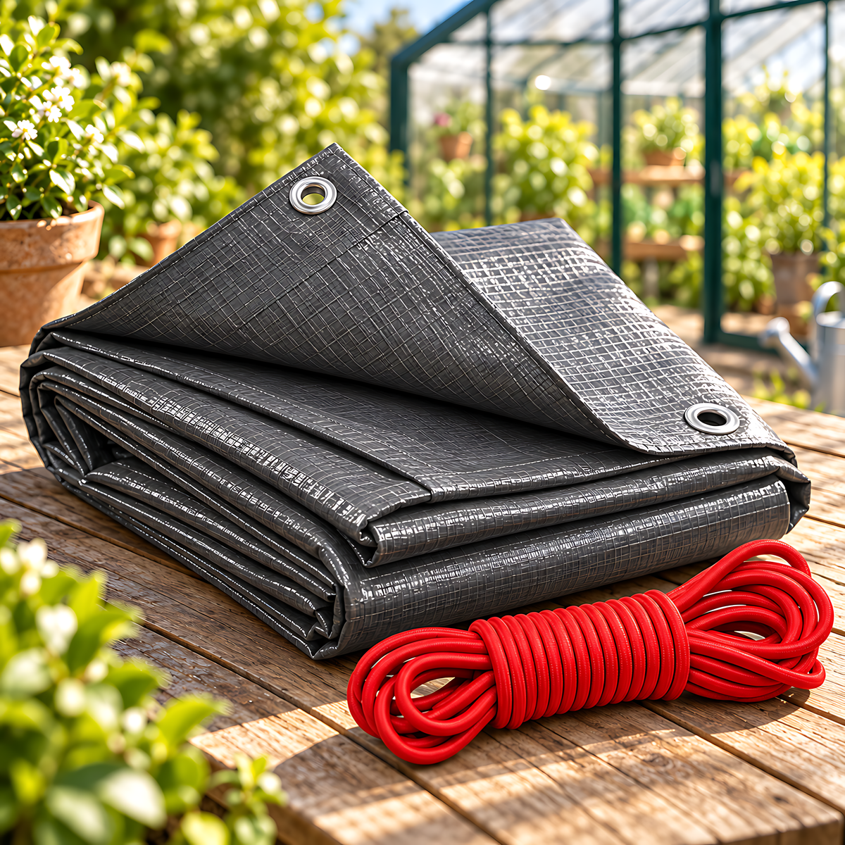 Graphite Grey Tarpaulin 3m x 5m 200 GSM Waterproof PE with 10m Red Elastic Bungee Rope, UV Resistant, Aluminium Eyelets Every 1m