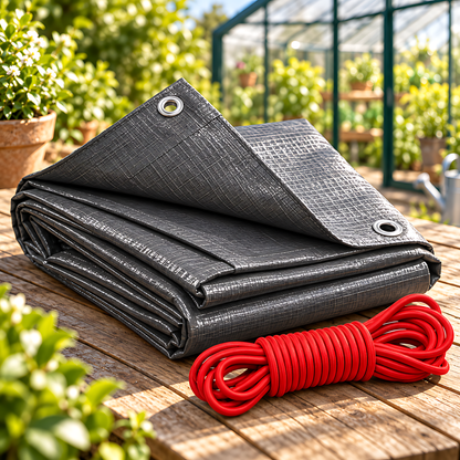 Graphite Grey Tarpaulin 6m x 8m 200 GSM Waterproof PE with 10m Red Elastic Bungee Rope, UV Resistant, Aluminium Eyelets Every 1m