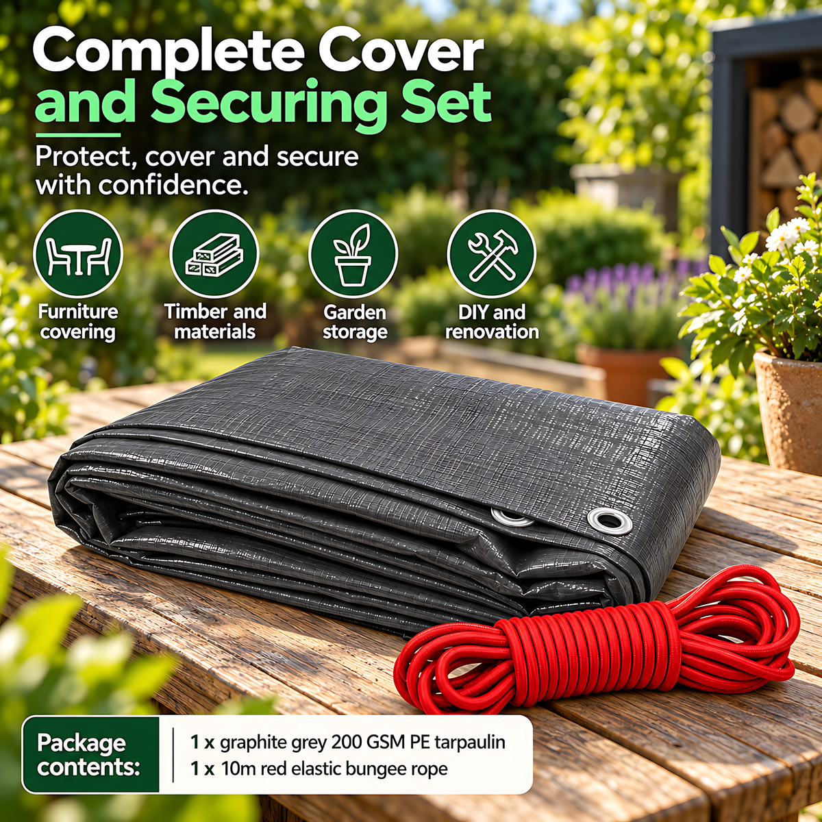 Graphite Grey Tarpaulin 4m x 4m 200 GSM Waterproof PE with 10m Red Elastic Bungee Rope, UV Resistant, Aluminium Eyelets Every 1m