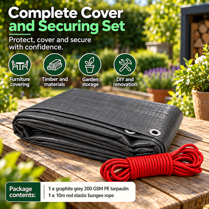 Graphite Grey Tarpaulin 3m x 4m 200 GSM Waterproof PE with 10m Red Elastic Bungee Rope, UV Resistant, Aluminium Eyelets Every 1m