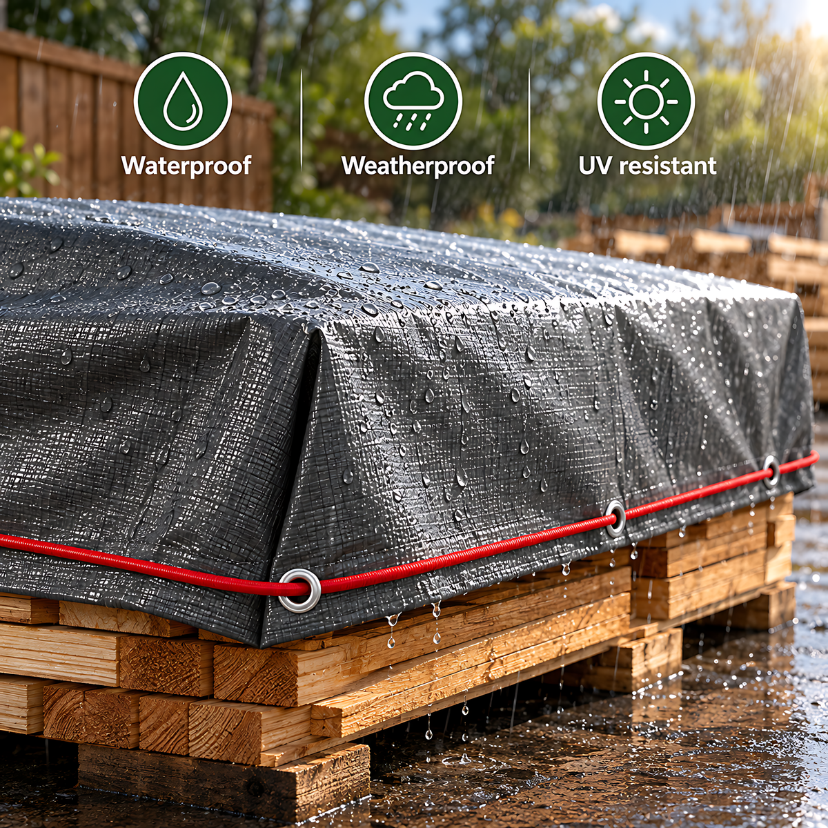 Graphite Grey Tarpaulin 4m x 4m 200 GSM Waterproof PE with 10m Red Elastic Bungee Rope, UV Resistant, Aluminium Eyelets Every 1m