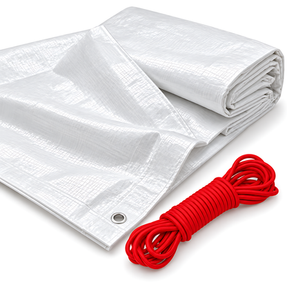 White Tarpaulin 5m x 5m 90 GSM Waterproof PE with 10m Red Elastic Bungee Rope, UV Resistant, Eyelets Every 1m, Reinforced Hems
