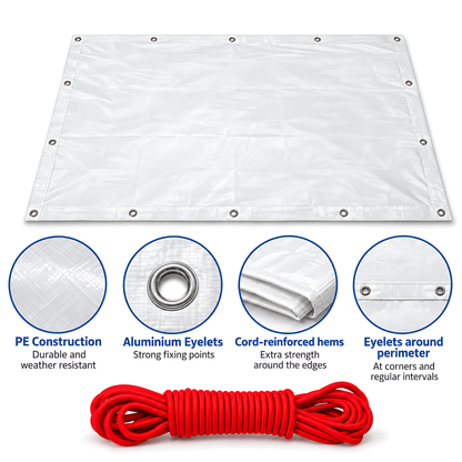 White Tarpaulin 5m x 5m 90 GSM Waterproof PE with 10m Red Elastic Bungee Rope, UV Resistant, Eyelets Every 1m, Reinforced Hems
