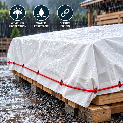 White Tarpaulin 2m x 3m 90 GSM Waterproof PE with 10m Red Elastic Bungee Rope, UV Resistant, Eyelets Every 1m, Reinforced Hems
