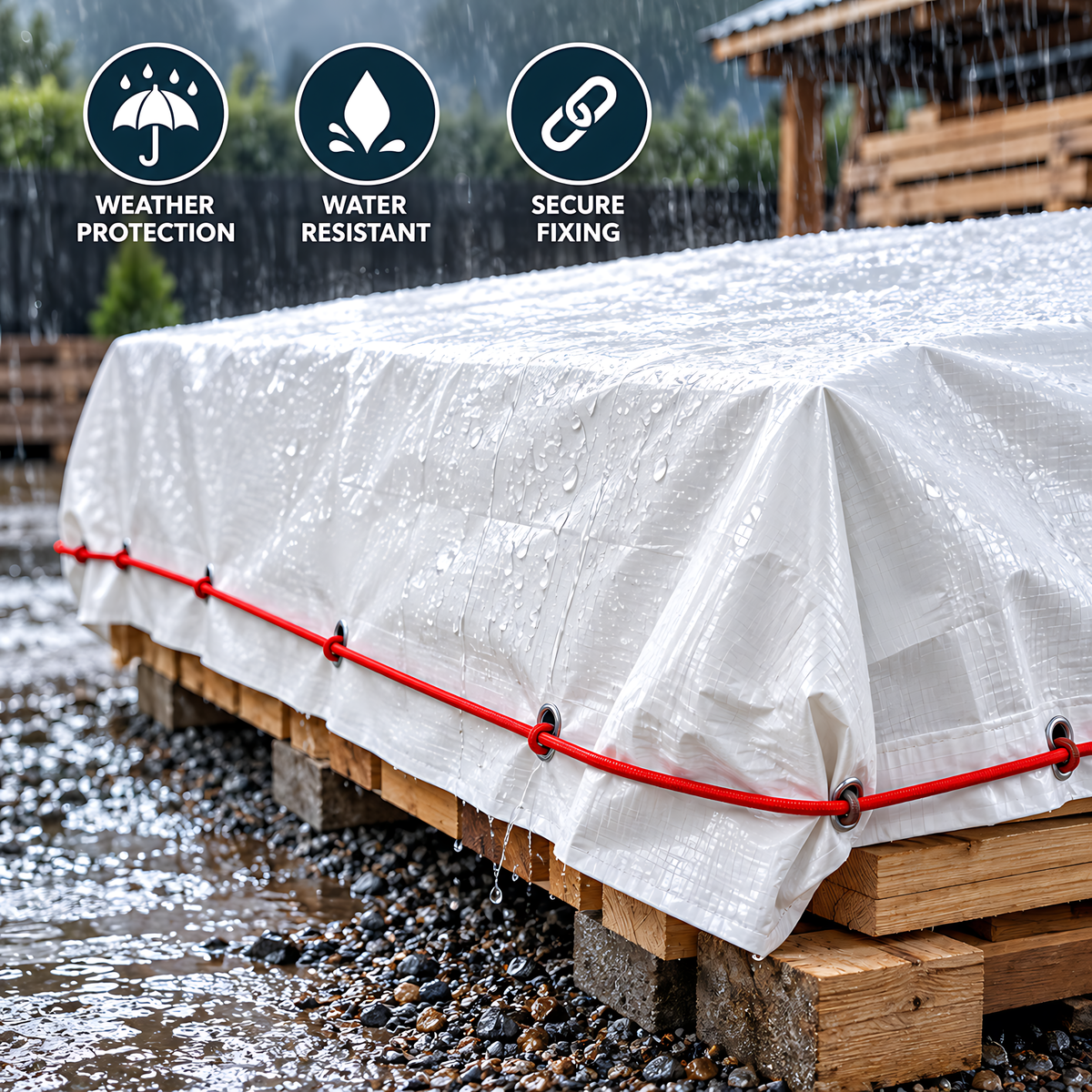 White Tarpaulin 4m x 5m 90 GSM Waterproof PE with 10m Red Elastic Bungee Rope, UV Resistant, Eyelets Every 1m, Reinforced Hems