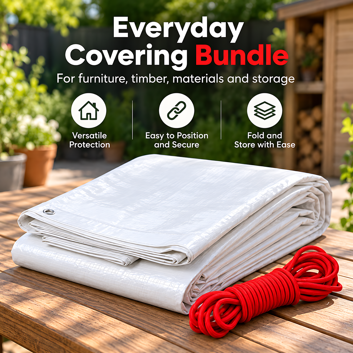White Tarpaulin 3m x 4m 90 GSM Waterproof PE with 10m Red Elastic Bungee Rope, UV Resistant, Eyelets Every 1m, Reinforced Hems