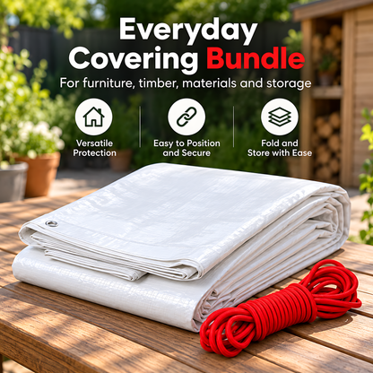 White Tarpaulin 3m x 4m 90 GSM Waterproof PE with 10m Red Elastic Bungee Rope, UV Resistant, Eyelets Every 1m, Reinforced Hems