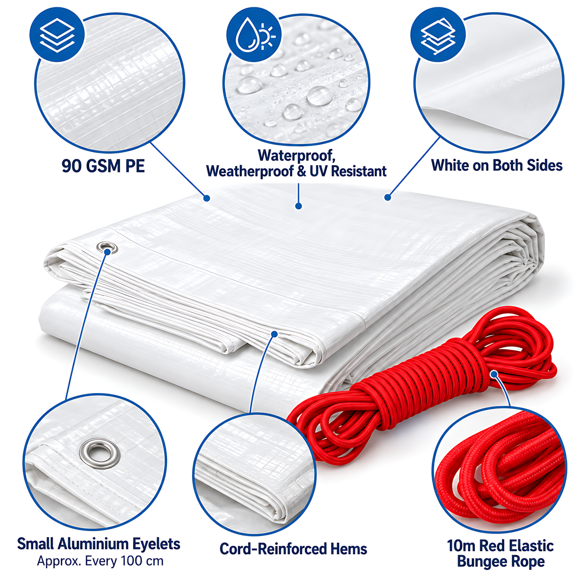White Tarpaulin 4m x 4m 90 GSM Waterproof PE with 10m Red Elastic Bungee Rope, UV Resistant, Eyelets Every 1m, Reinforced Hems