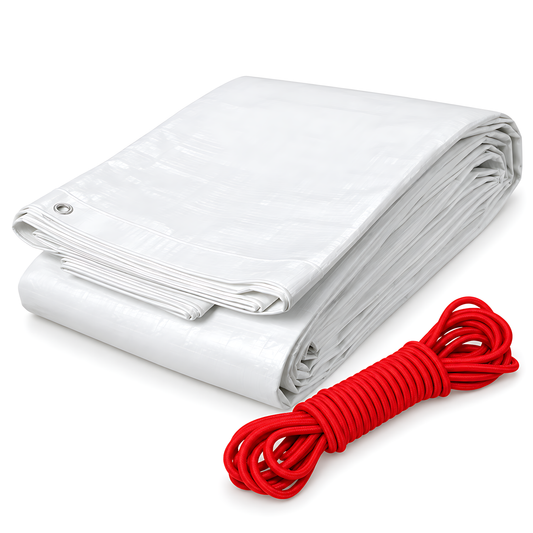 White Tarpaulin 3m x 3m 90 GSM Waterproof PE with 10m Red Elastic Bungee Rope, UV Resistant, Eyelets Every 1m, Reinforced Hems