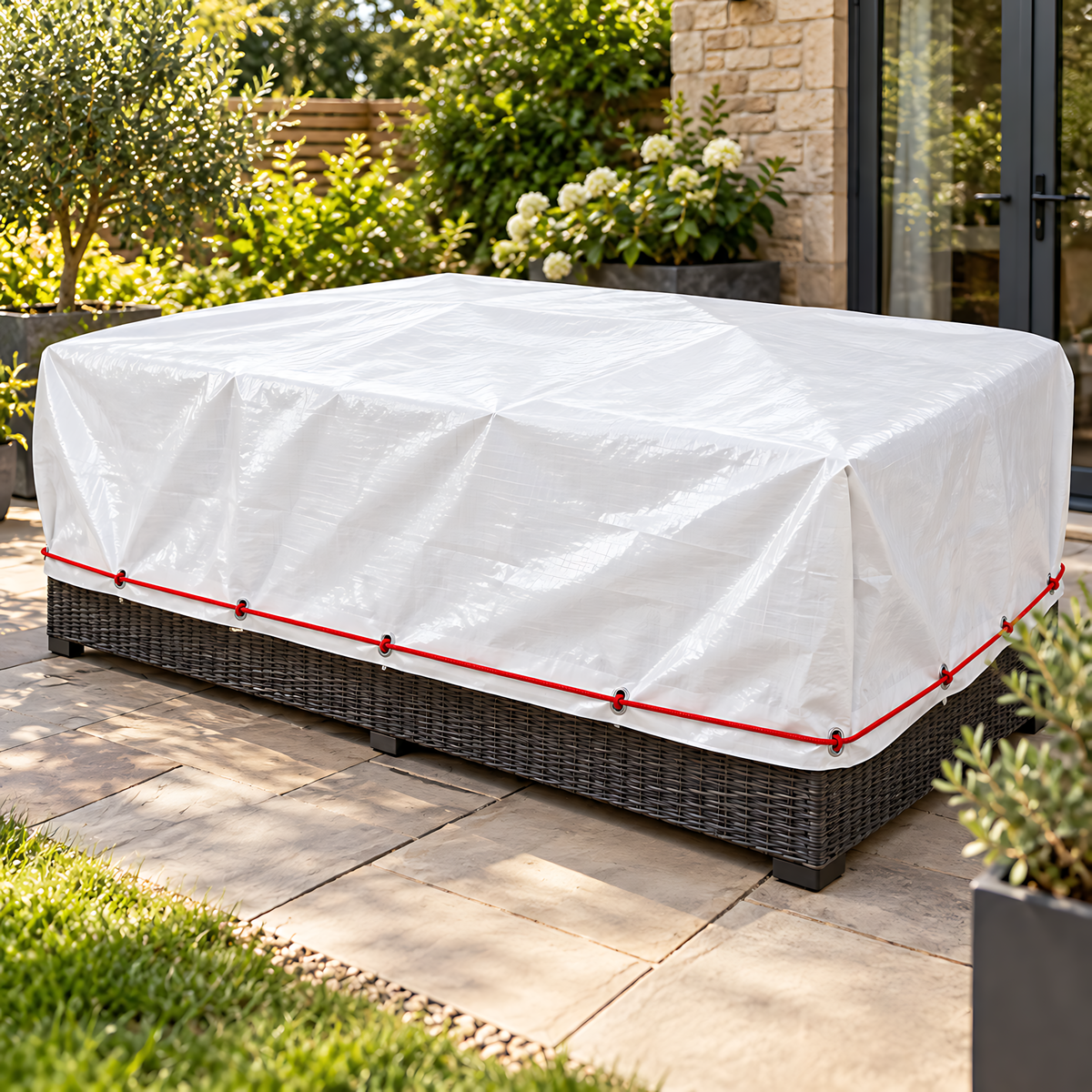 White Tarpaulin 4m x 5m 90 GSM Waterproof PE with 10m Red Elastic Bungee Rope, UV Resistant, Eyelets Every 1m, Reinforced Hems