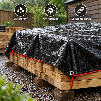 Black/Silver Heavy Duty Tarpaulin 6m x 8m 235 GSM Waterproof with 10m Red Bungee Rope, UV Resistant, Eyelets, Rubber Corners