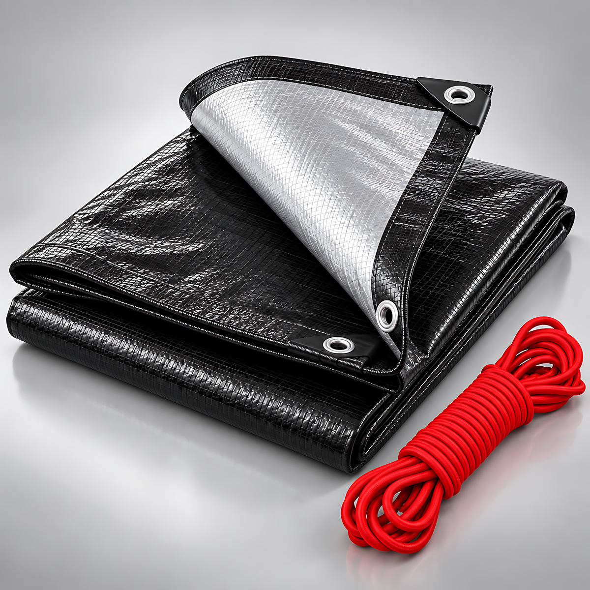 Black/Silver Heavy Duty Tarpaulin 3m x 3m 235 GSM Waterproof with 10m Red Bungee Rope, UV Resistant, Eyelets, Rubber Corners