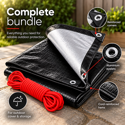 Black/Silver Heavy Duty Tarpaulin 3m x 4m 235 GSM Waterproof with 10m Red Bungee Rope, UV Resistant, Eyelets, Rubber Corners