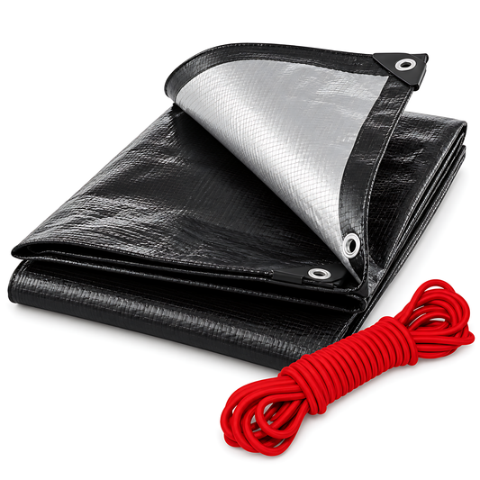 Black/Silver Heavy Duty Tarpaulin 1.5m x 2m 235 GSM Waterproof with 10m Red Bungee Rope, UV Resistant, Eyelets, Rubber Corners