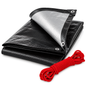 Black/Silver Heavy Duty Tarpaulin 5m x 8m 235 GSM Waterproof with 10m Red Bungee Rope, UV Resistant, Eyelets, Rubber Corners