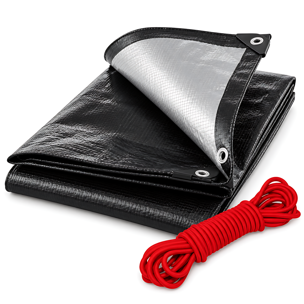 Black/Silver Heavy Duty Tarpaulin 3m x 3m 235 GSM Waterproof with 10m Red Bungee Rope, UV Resistant, Eyelets, Rubber Corners