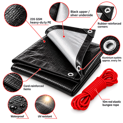 Black/Silver Heavy Duty Tarpaulin 3m x 5m 235 GSM Waterproof with 10m Red Bungee Rope, UV Resistant, Eyelets, Rubber Corners
