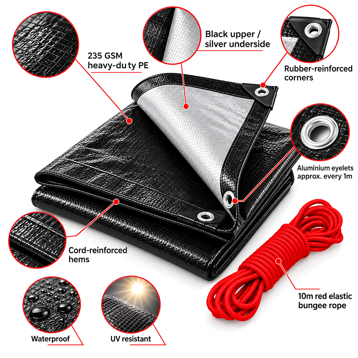 Black/Silver Heavy Duty Tarpaulin 10m x 12m 235 GSM Waterproof with 10m Red Bungee Rope, UV Resistant, Eyelets, Rubber Corners