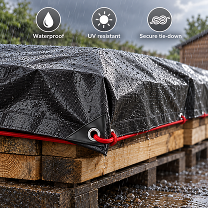 Black/Silver Heavy Duty Tarpaulin 10m x 12m 235 GSM Waterproof with 10m Red Bungee Rope, UV Resistant, Eyelets, Rubber Corners