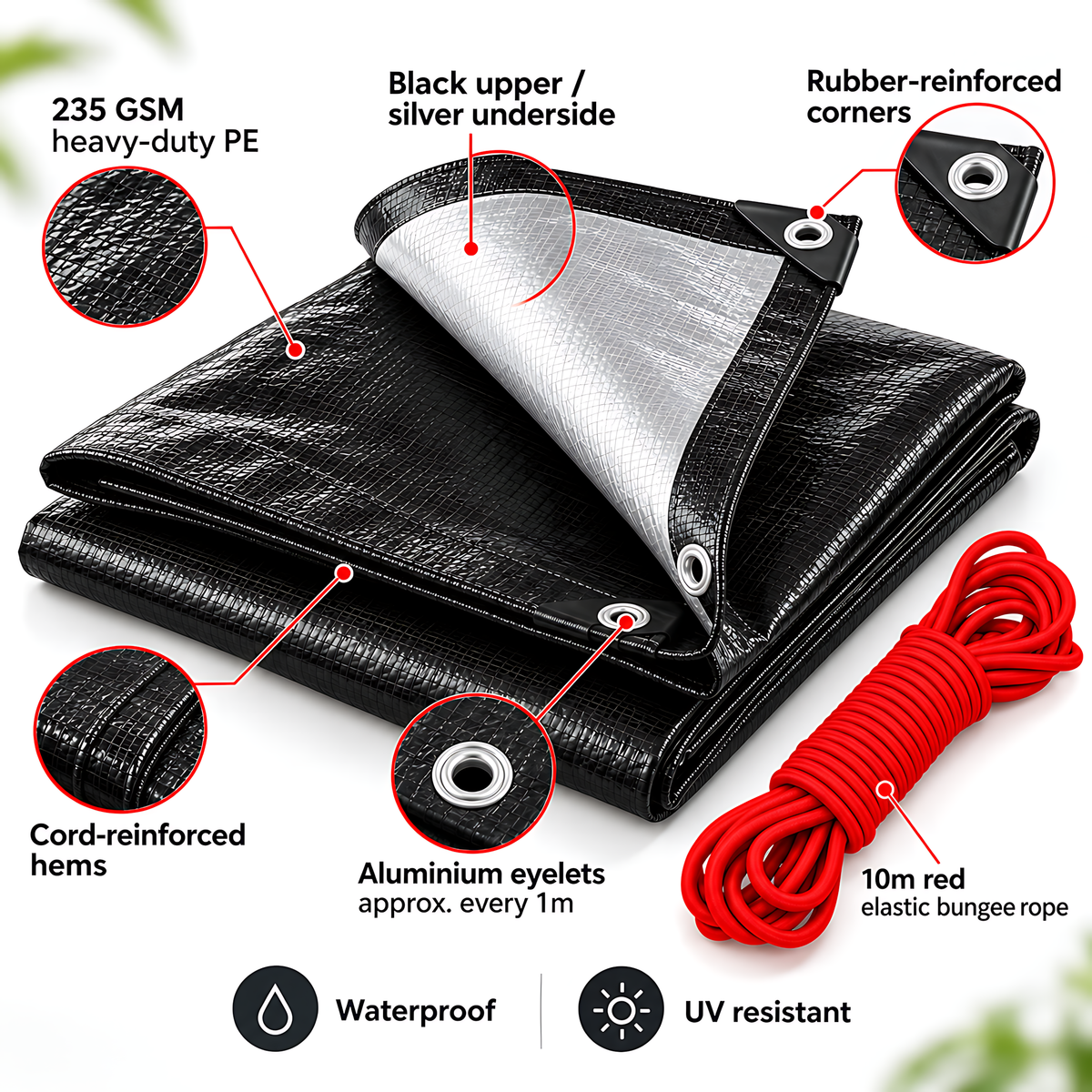 Black/Silver Heavy Duty Tarpaulin 3m x 4m 235 GSM Waterproof with 10m Red Bungee Rope, UV Resistant, Eyelets, Rubber Corners