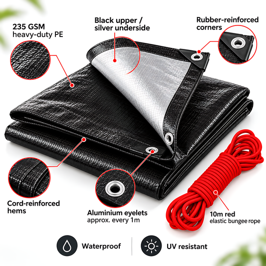 Black/Silver Heavy Duty Tarpaulin 4m x 6m 235 GSM Waterproof with 10m Red Bungee Rope, UV Resistant, Eyelets, Rubber Corners