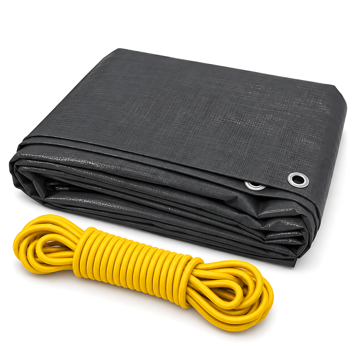 Graphite Grey PE Tarpaulin 2m x 2m 200 GSM Waterproof & 10m Yellow Bungee Rope, UV Resistant, Eyelets Every 1m, Reinforced Hems