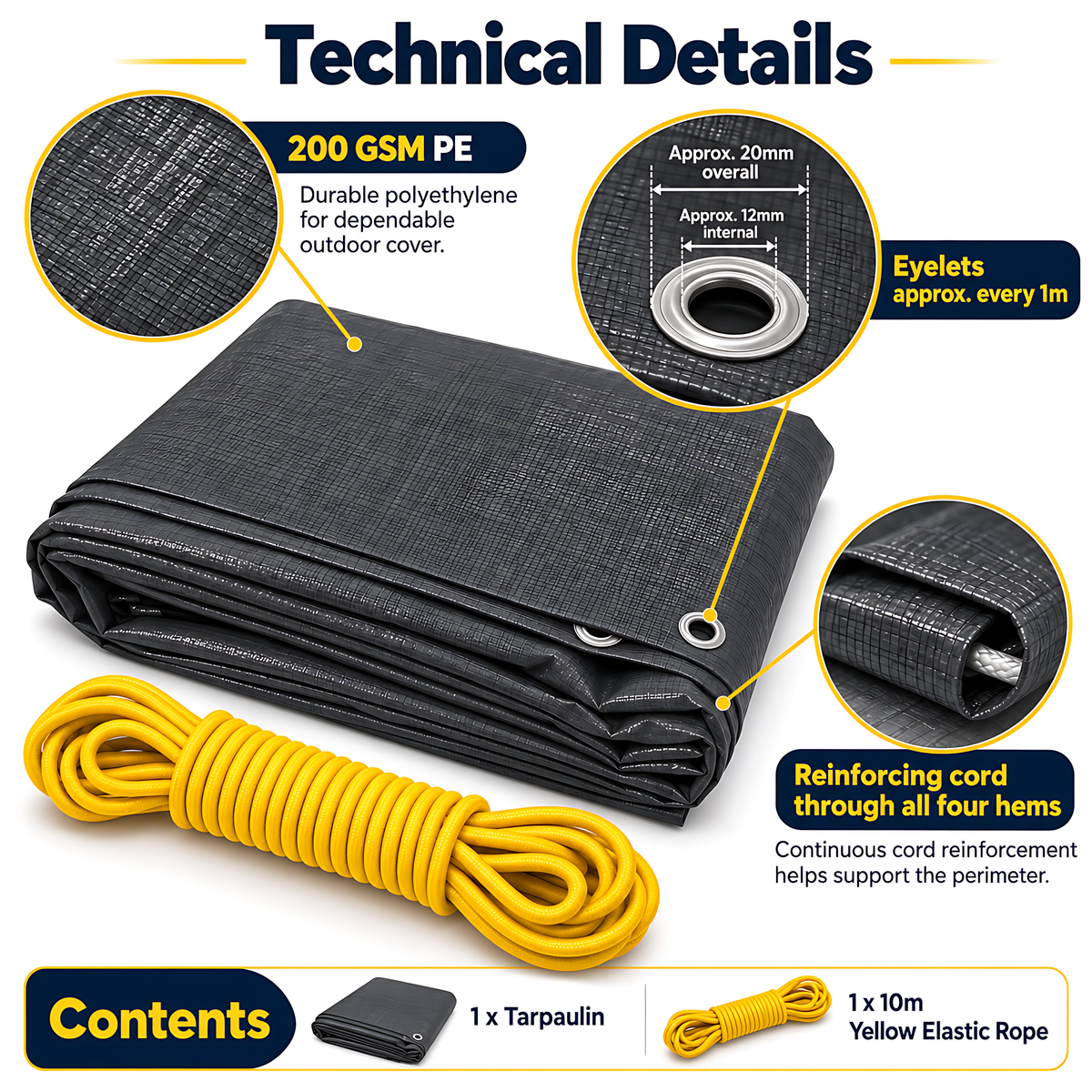 Graphite Grey PE Tarpaulin 3m x 3m 200 GSM Waterproof & 10m Yellow Bungee Rope, UV Resistant, Eyelets Every 1m, Reinforced Hems