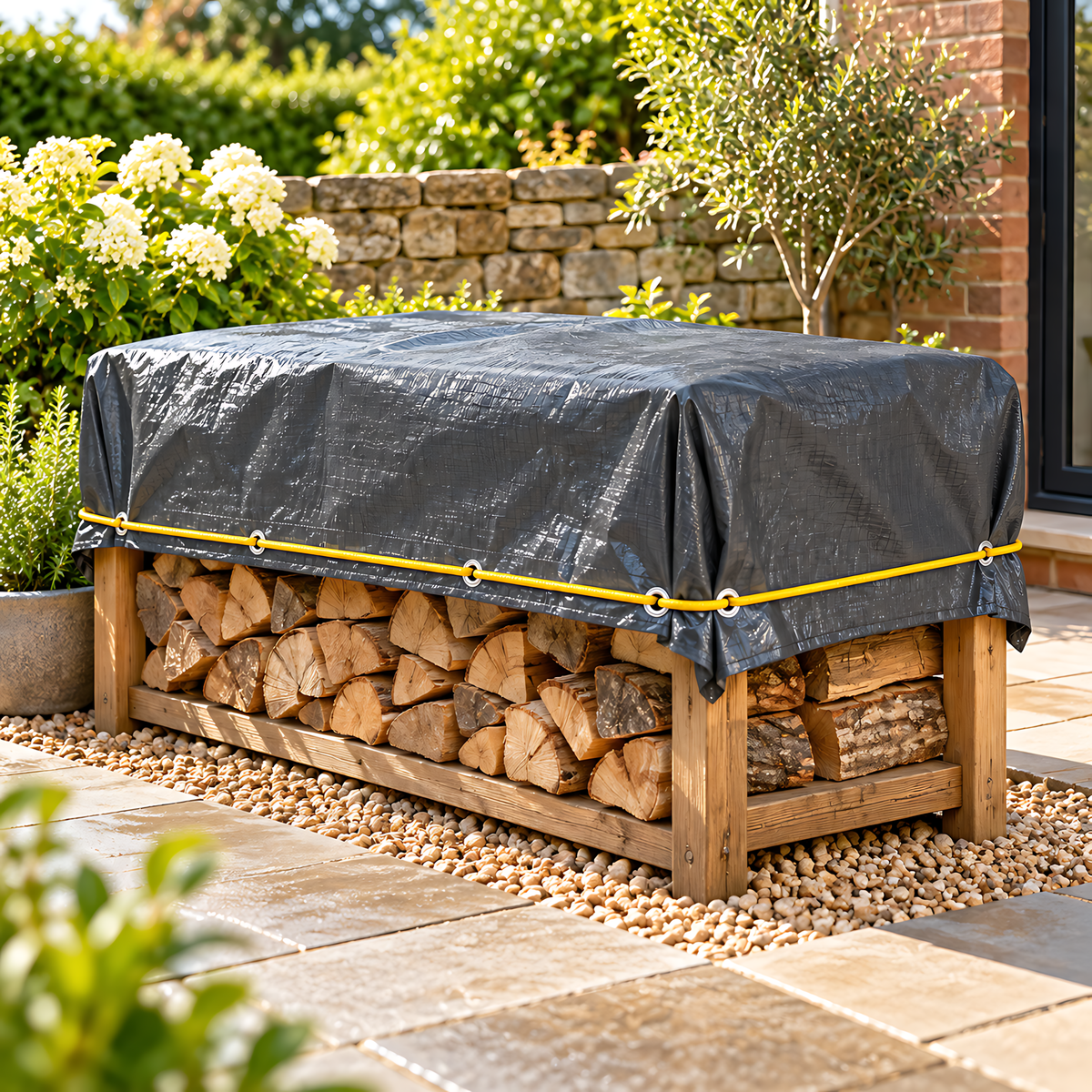Graphite Grey PE Tarpaulin 8m x 12m 200 GSM Waterproof & 10m Yellow Bungee Rope, UV Resistant, Eyelets Every 1m, Reinforced Hems