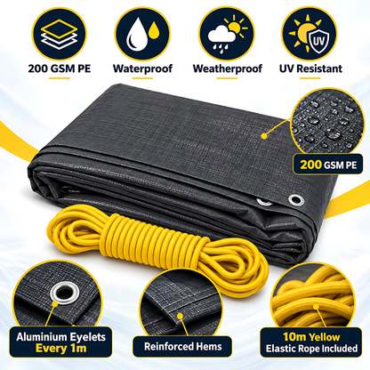 Graphite Grey PE Tarpaulin 10m x 12m 200 GSM Waterproof & 10m Yellow Bungee Rope, UV Resistant, Eyelets Every 1m, Reinforced Hems