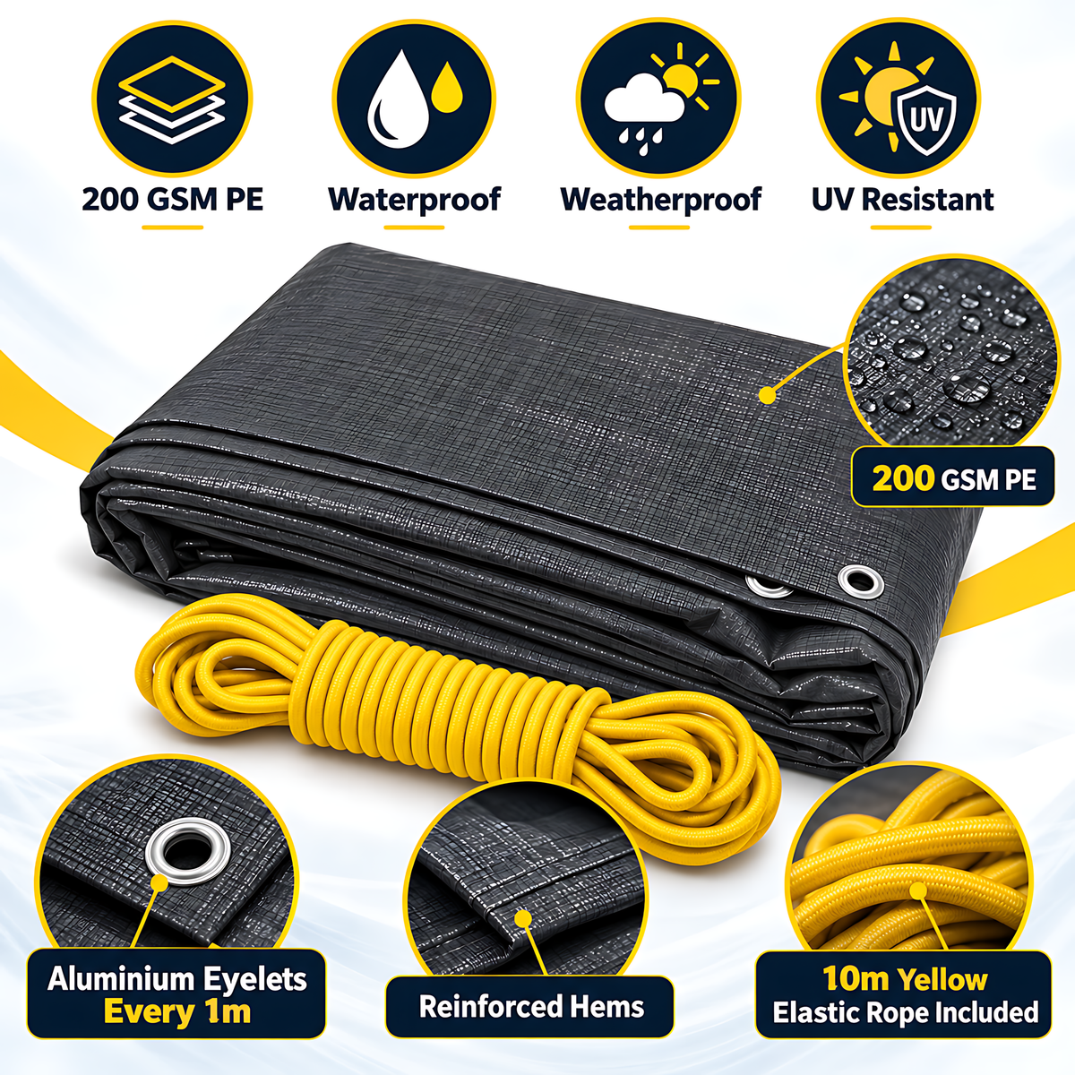 Graphite Grey PE Tarpaulin 3m x 5m 200 GSM Waterproof & 10m Yellow Bungee Rope, UV Resistant, Eyelets Every 1m, Reinforced Hems