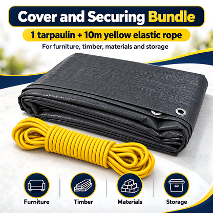 Graphite Grey PE Tarpaulin 3m x 5m 200 GSM Waterproof & 10m Yellow Bungee Rope, UV Resistant, Eyelets Every 1m, Reinforced Hems