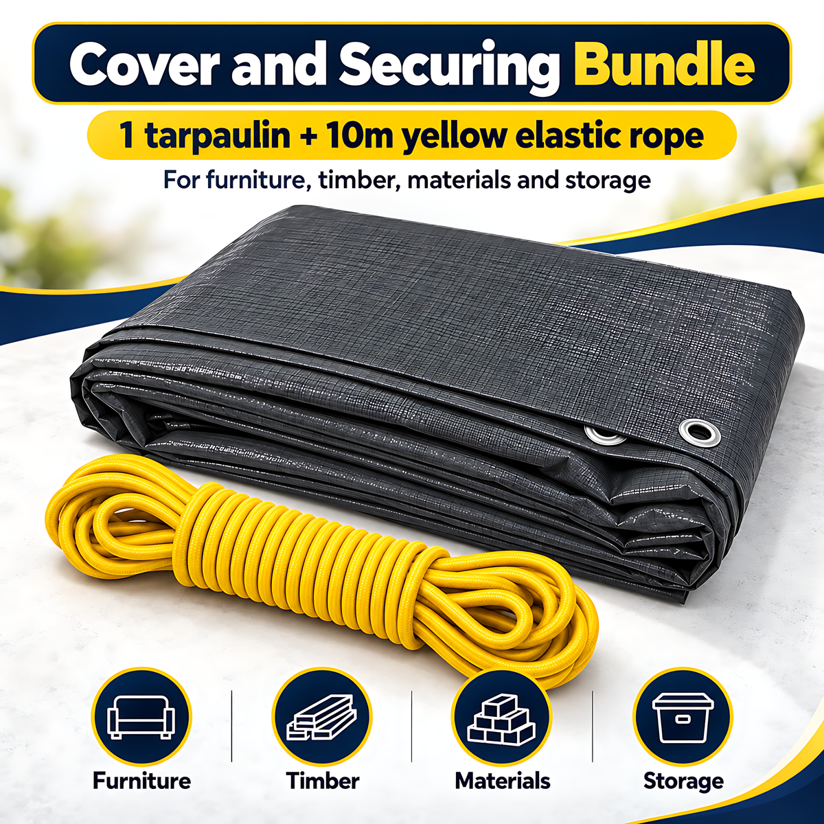 Graphite Grey PE Tarpaulin 10m x 10m 200 GSM Waterproof & 10m Yellow Bungee Rope, UV Resistant, Eyelets Every 1m, Reinforced Hems