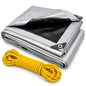 Heavy Duty Silver/Black Tarpaulin 2m x 3m 260 GSM Waterproof & 10m Yellow Rope, UV Resistant, Eyelets Every 1m, Rubber Corners