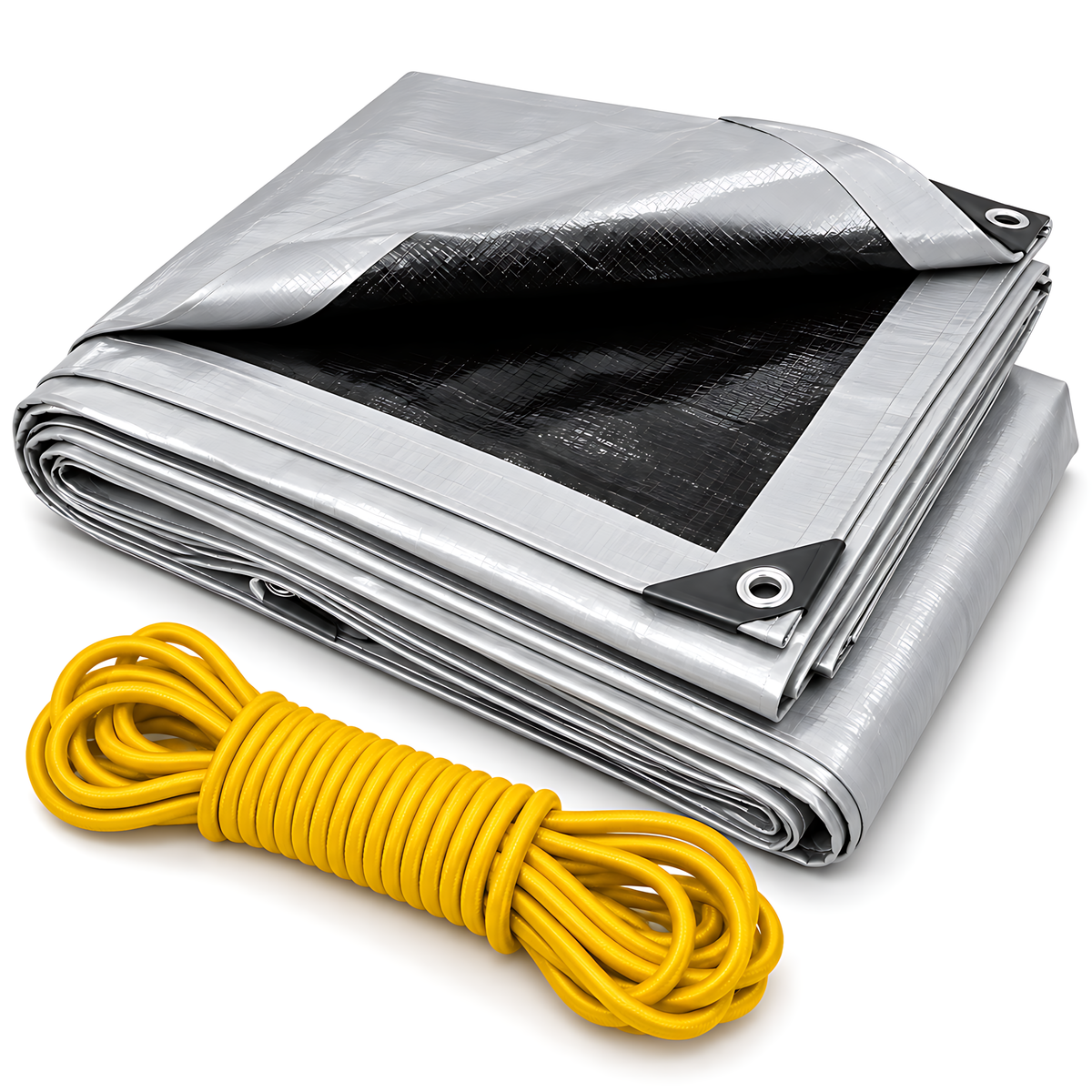 Heavy Duty Silver/Black Tarpaulin 8m x 8m 260 GSM Waterproof & 10m Yellow Rope, UV Resistant, Eyelets Every 1m, Rubber Corners