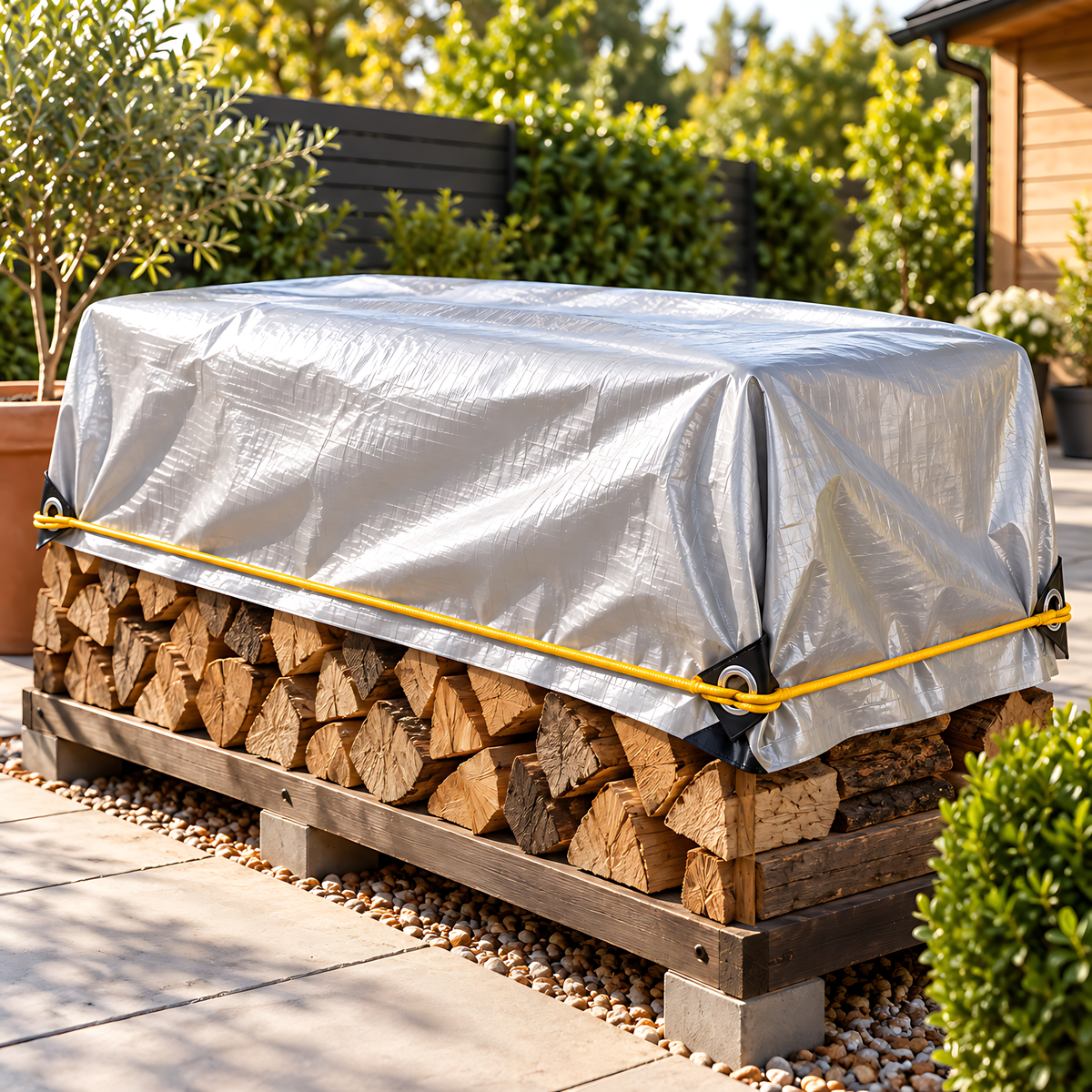 Heavy Duty Silver/Black Tarpaulin 8m x 8m 260 GSM Waterproof & 10m Yellow Rope, UV Resistant, Eyelets Every 1m, Rubber Corners