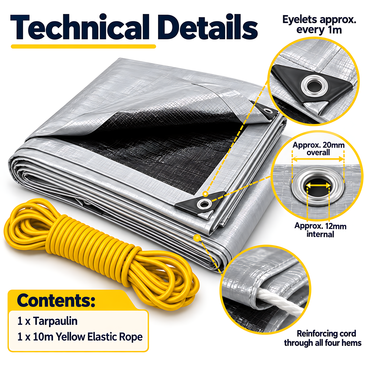Heavy Duty Silver/Black Tarpaulin 8m x 12m 260 GSM Waterproof & 10m Yellow Rope, UV Resistant, Eyelets Every 1m, Rubber Corners