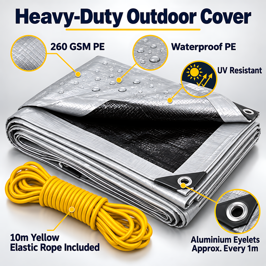 Heavy Duty Silver/Black Tarpaulin 4m x 4m 260 GSM Waterproof & 10m Yellow Rope, UV Resistant, Eyelets Every 1m, Rubber Corners