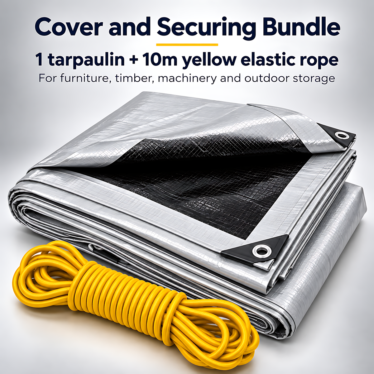 Heavy Duty Silver/Black Tarpaulin 8m x 8m 260 GSM Waterproof & 10m Yellow Rope, UV Resistant, Eyelets Every 1m, Rubber Corners