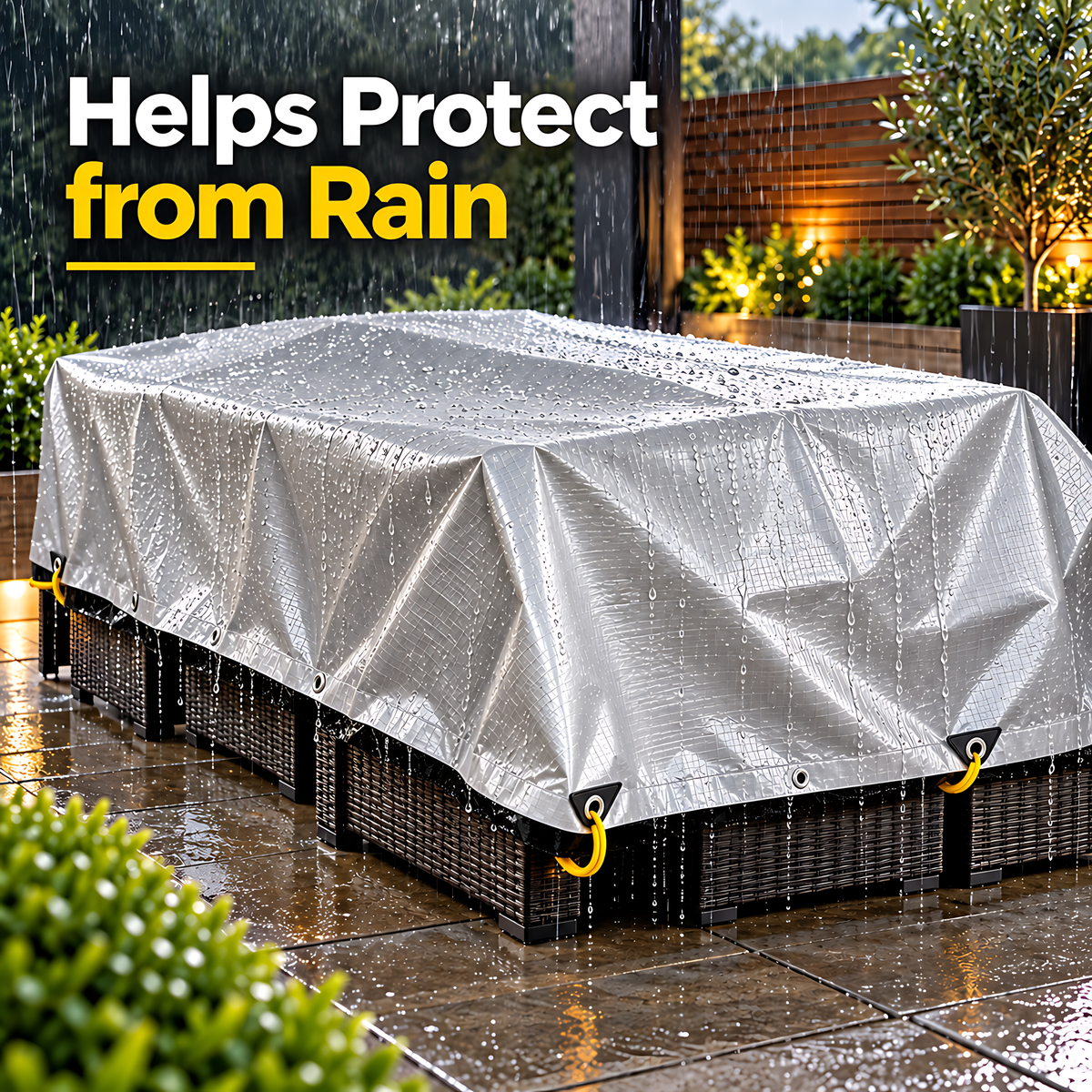 Heavy Duty Silver/Black Tarpaulin 2m x 3m 260 GSM Waterproof & 10m Yellow Rope, UV Resistant, Eyelets Every 1m, Rubber Corners