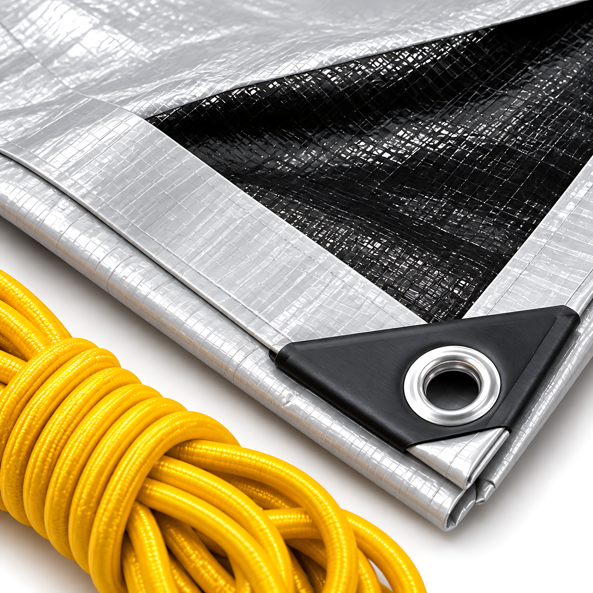 Heavy Duty Silver/Black Tarpaulin 8m x 8m 260 GSM Waterproof & 10m Yellow Rope, UV Resistant, Eyelets Every 1m, Rubber Corners