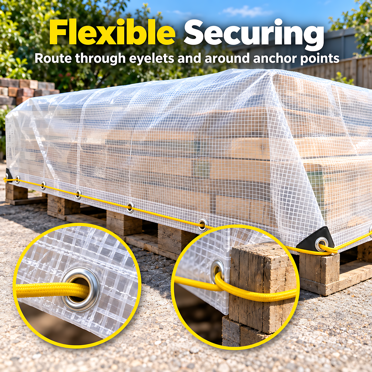Clear Leno PE Tarpaulin 4m x 5m 100 GSM Waterproof & 10m Yellow Bungee Rope for Greenhouses, UV Resistant, Eyelets Every 1m