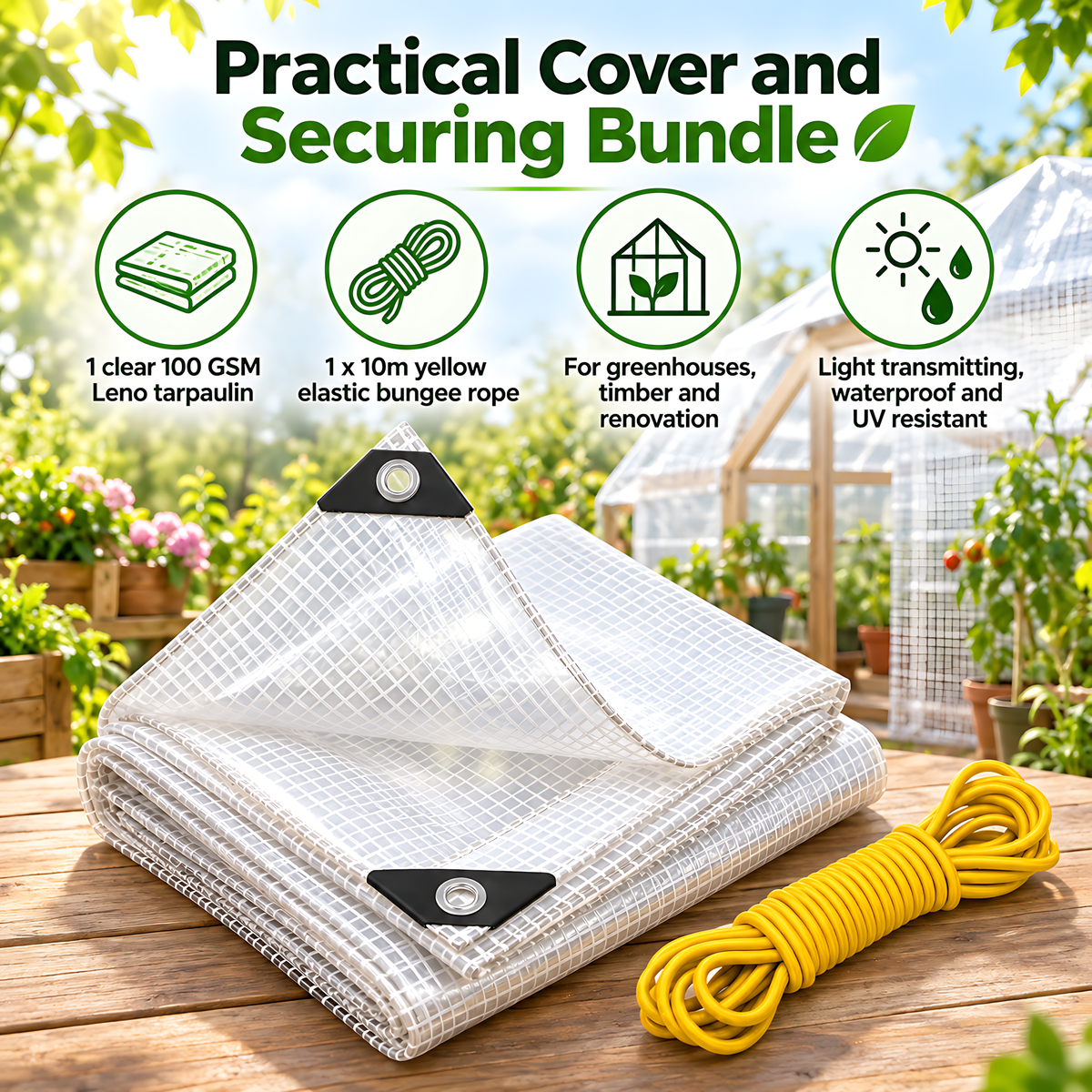 Clear Leno PE Tarpaulin 3m x 3m 100 GSM Waterproof & 10m Yellow Bungee Rope for Greenhouses, UV Resistant, Eyelets Every 1m