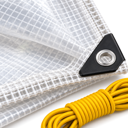 Clear Leno PE Tarpaulin 10m x 15m 100 GSM Waterproof & 10m Yellow Bungee Rope for Greenhouses, UV Resistant, Eyelets Every 1m